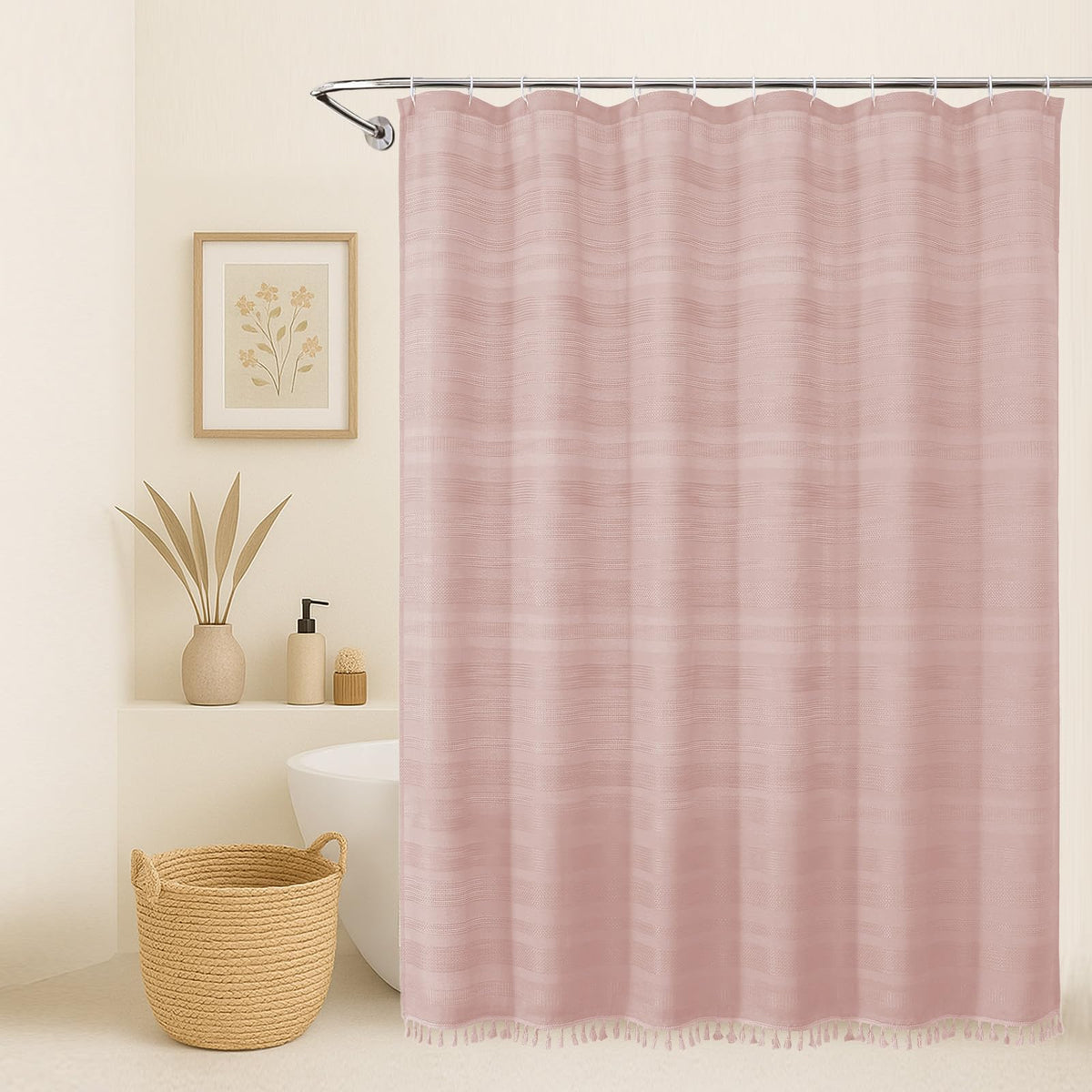 OVZME Sage Green Shower Curtain for Bathroom, Boho Linen Textured Shower Curtain with Tassel, Rustic Striped Heavy Duty Vintage Country Bathroom Curtain, 72Wx72L Inches
