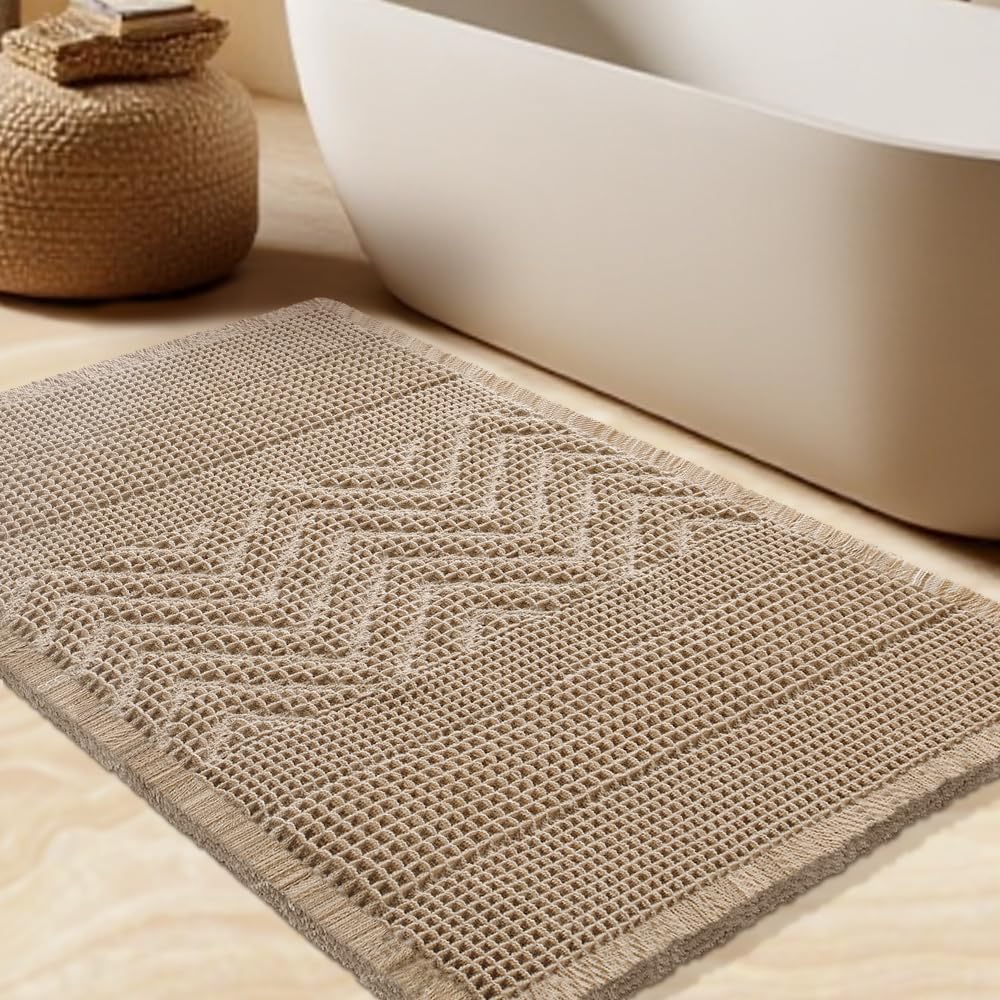 Upgrade Waffle Bath Mat Set 2 Piece, Boho Bathroom Rugs Absorbent Non Slip, Ultra Soft Bathroom Mat, Machine Washable Knit Bath Rugs with Herringbones for Bathroom, Bedroom, Kitchen, Shower, White