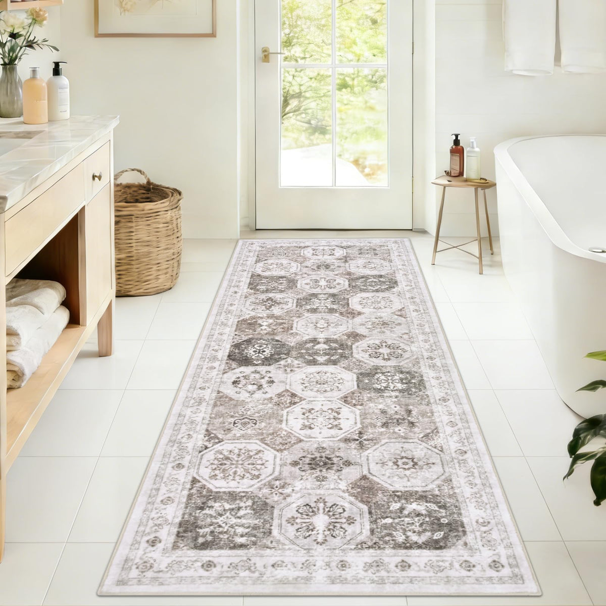 Yinhua Boho Bathroom Runner Rug Non Silp, Vintage Long Bath Mat Washable