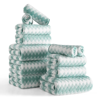 12 Pcs Black White Diamond Towel Set-4 Bath Towels,4 Hand Towels,4 Washcloths Soft Polyester Towels with Loop Absorbent Shower Towel Quick Dry Beach Chair Towel Family Towels for Bathroom Spa Gym Pool