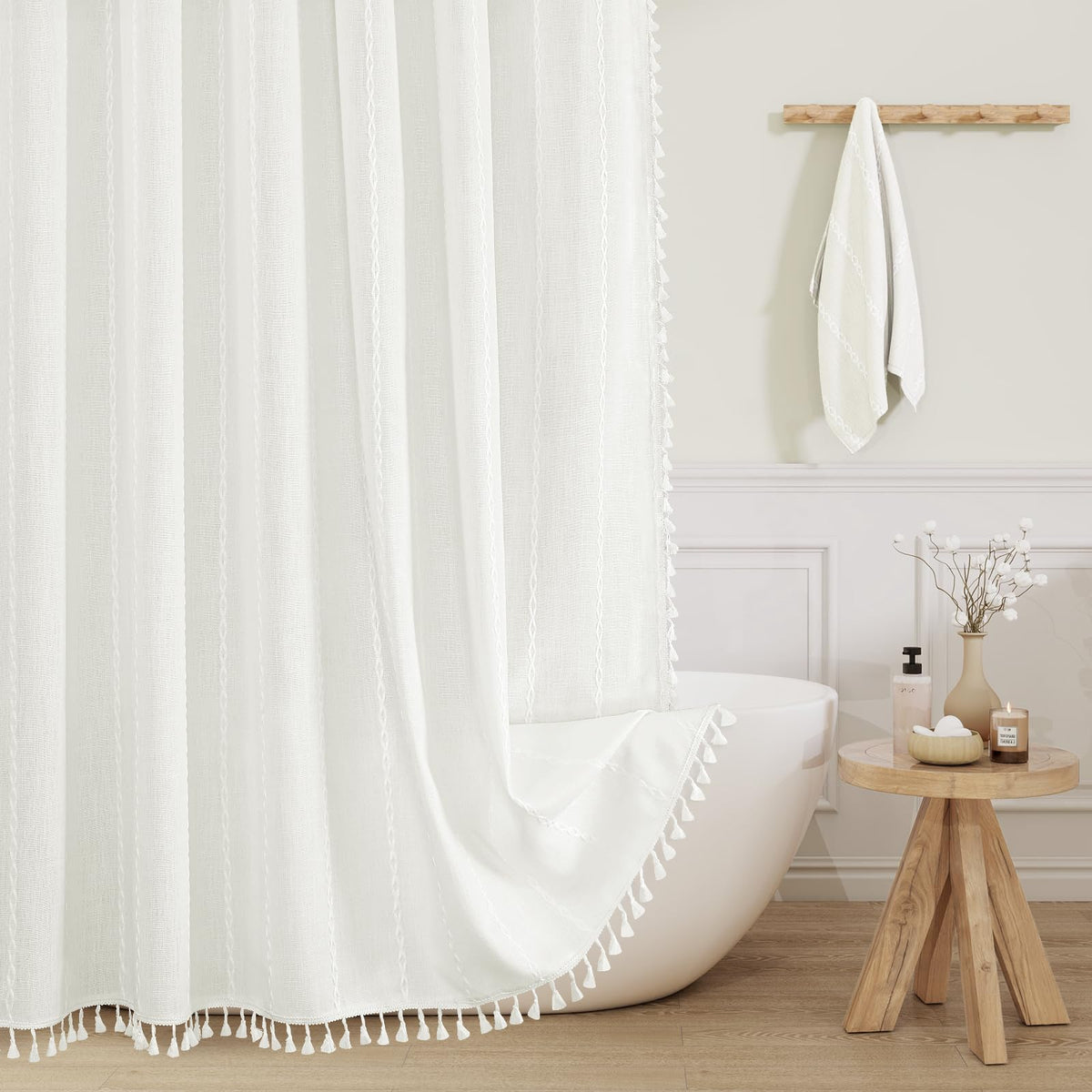 Boho Farmhouse Tassel Linen Shower Curtain,3D Embroidery Stripe Black,72x72