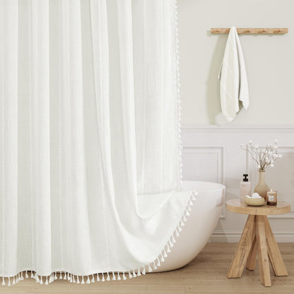 Boho Farmhouse Tassel Linen Shower Curtain,3D Embroidery Stripe Black,72x72