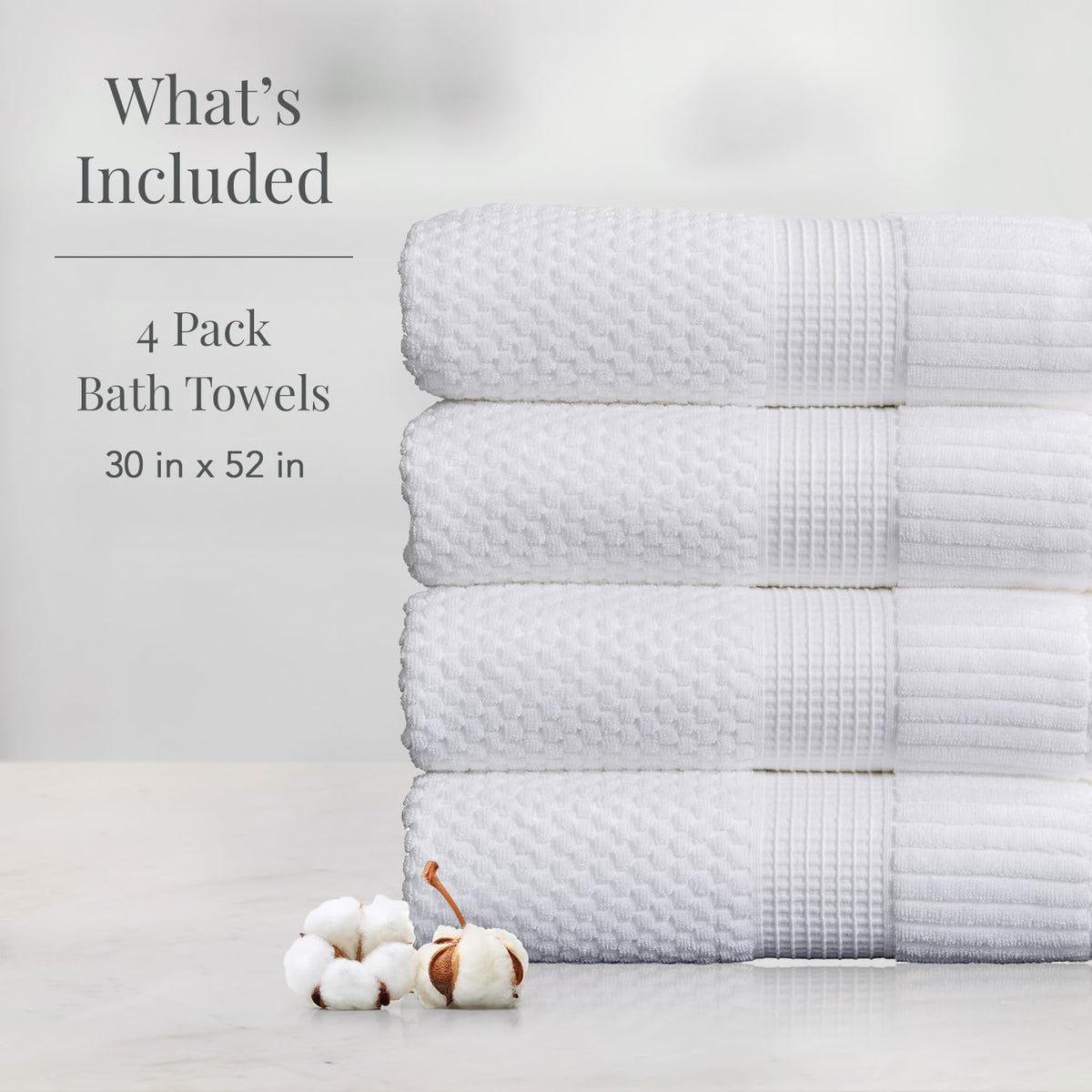 NY Loft 100% Cotton 4-Pack Bath Towel Set | White | Oeko-TEX | Quick-Dry