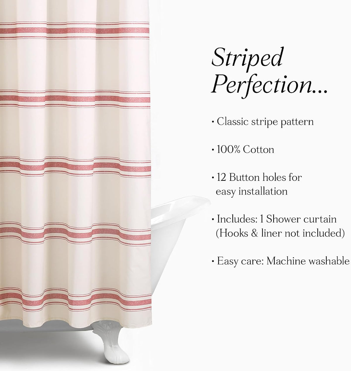 Lush Decor Farmhouse Stripe Cotton Shower Curtain, 72" W x 72" L, Red - Striped Bathroom Curtain - Fabric Shower Curtains - Farmhouse Bathroom Decor