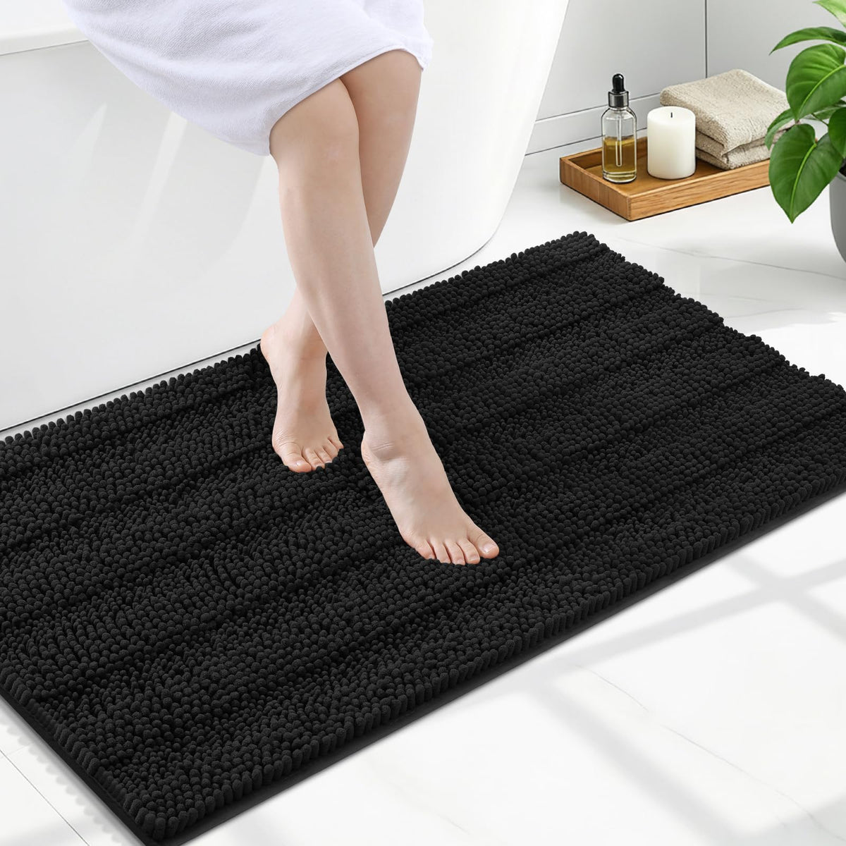 Grandaily Chenille Striped Bathroom Rugs 36x24, Extra Thick and Absorbent Bath Mats, Non-Slip Soft Plush Shaggy Shower Carpet, Machine Wash Dry, Bath Rug for Bathroom, (Large, Light Grey)