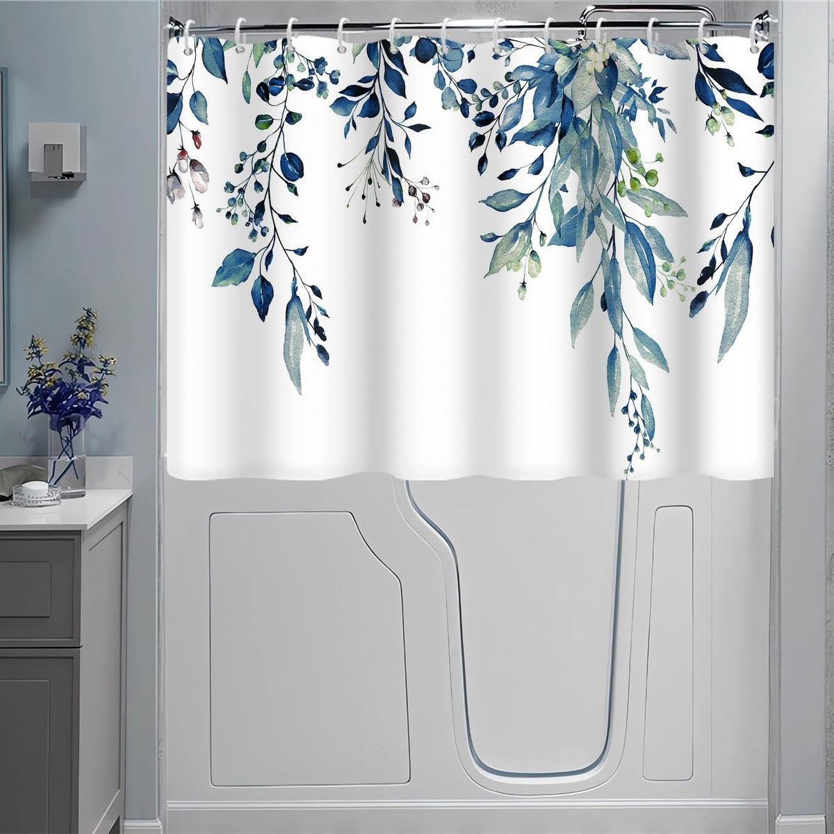 Blue and Green Eucalyptus Shower Window Curtain 40x36 Inch