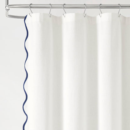 Lush Decor Coastal Chic Scallop Edge Linen-Textured Shower Curtain, Single 72" W x 72" L, Navy & White - Scalloped Shower Curtains - Coastal Bathroom Curtain