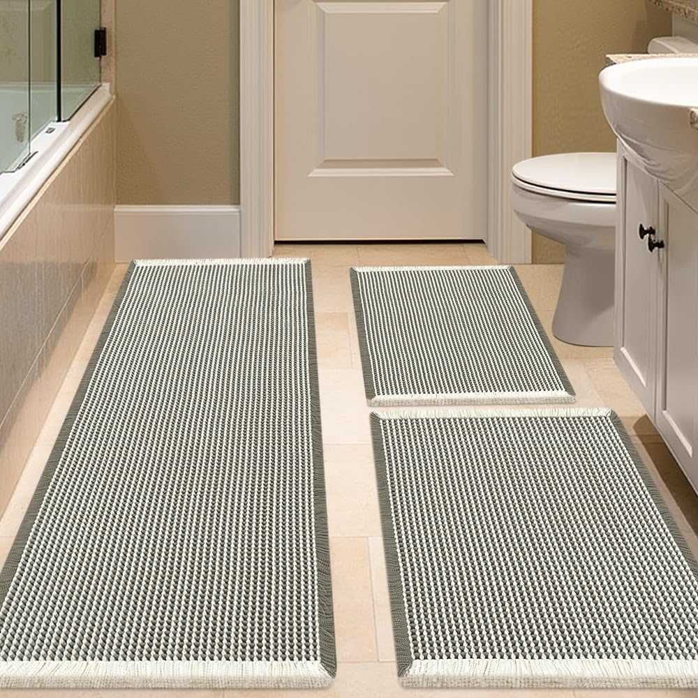 IM HOME Waffle Bath Mat Beige 32"x20", Boho Woven Modern Bath Mat Rugs, Absorbent Non Slip Bathroom Rugs, Soft Washable Bath Rugs with Tassels for Bathroom, Bedroom, Kitchen, Shower, Tub