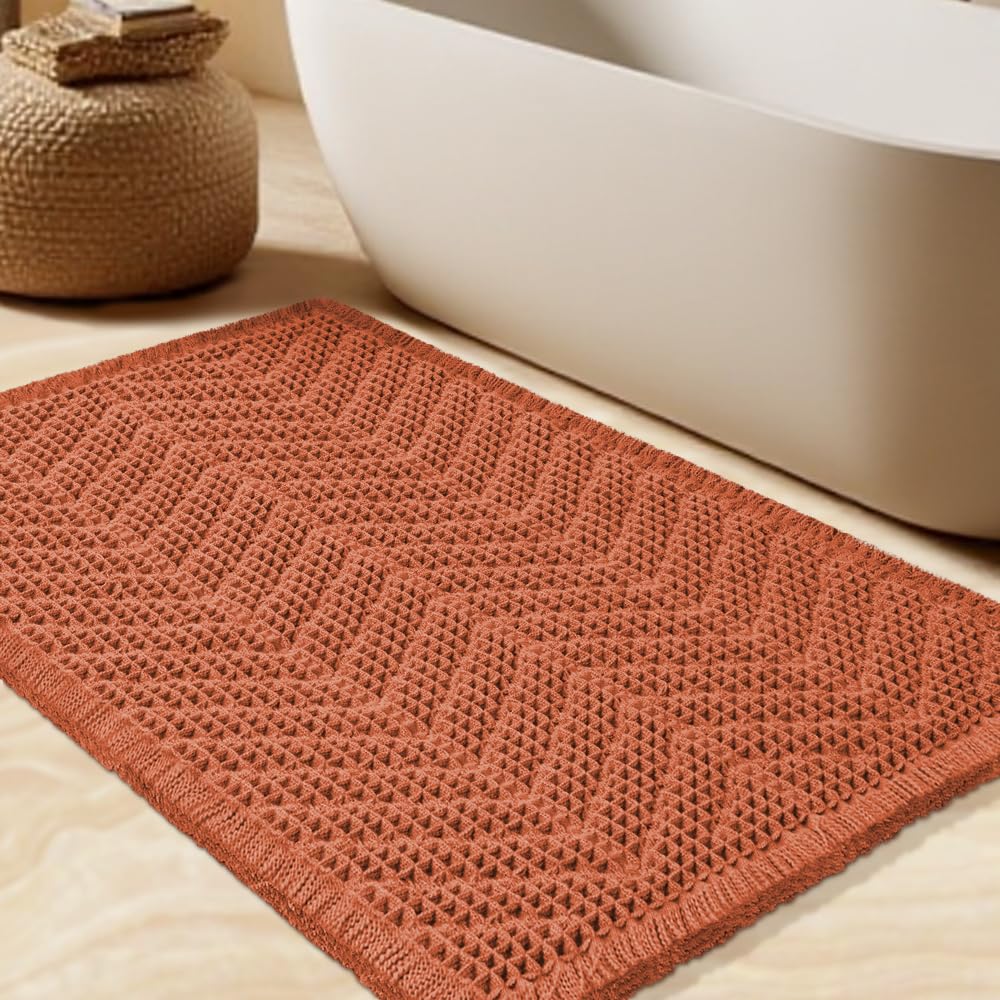 Upgrade Waffle Bath Mat Set 2 Piece, Boho Bathroom Rugs Absorbent Non Slip, Ultra Soft Bathroom Mat, Machine Washable Knit Bath Rugs with Herringbones for Bathroom, Bedroom, Kitchen, Shower, White