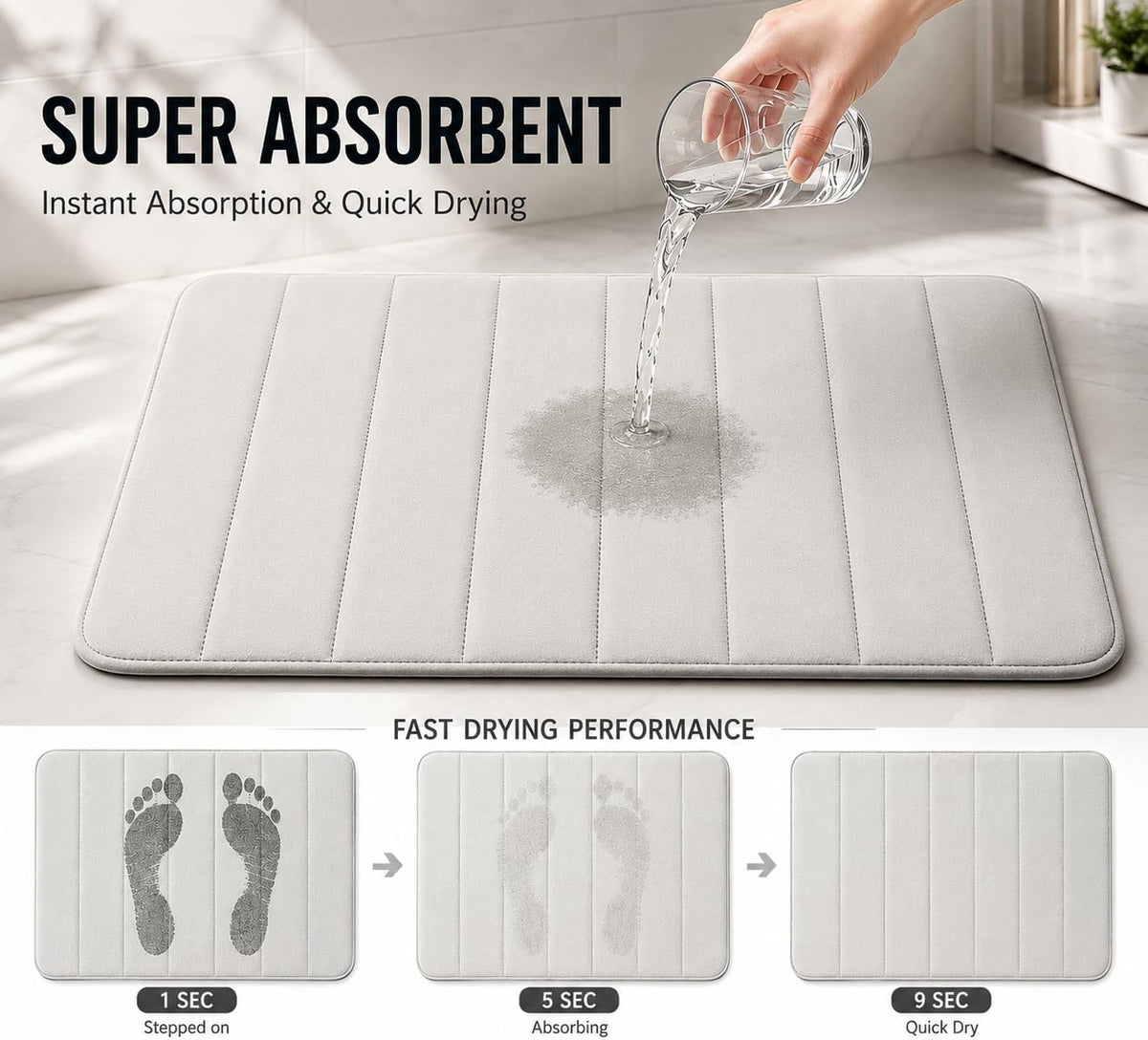 Memory Foam Bath Mat Set 3 Piece，Super Soft Absorbent Bathroom Rug Non Slip, Quick Dry,Machine Wash, Perfect Plush Bathroom Rugs,Home Decor Accessories,Grey