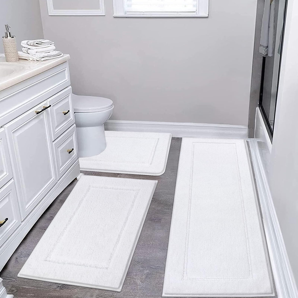 Pauwer Bathroom Rugs 3 Piece Set, Non Slip Washable Bath Mat, Dark Grey