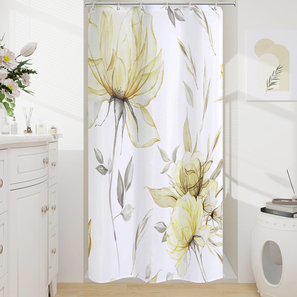 Blue Boho Floral Shower Curtain, Watercolor Botanical Design, 72 x 72
