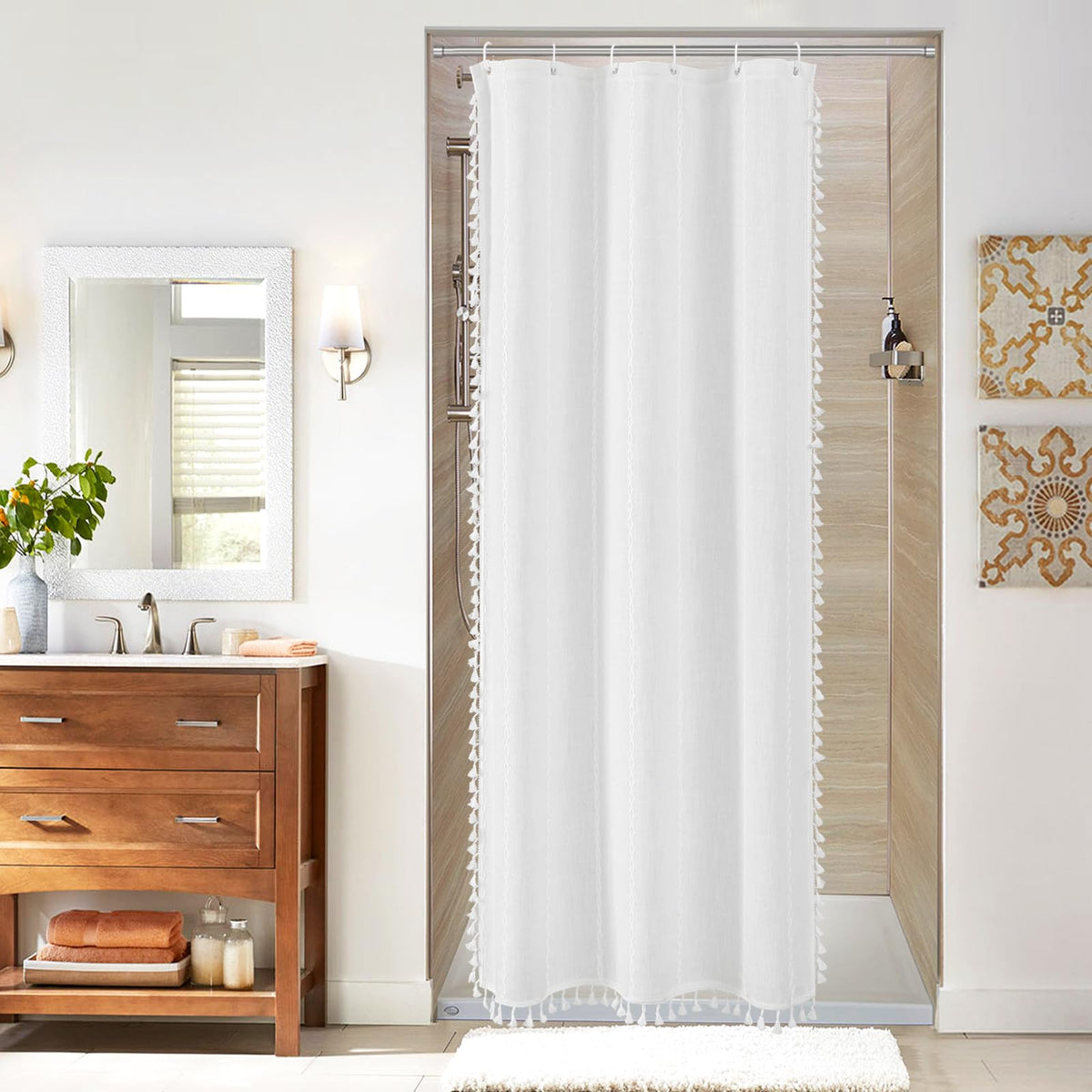 Boho Farmhouse Tassel Linen Shower Curtain,3D Embroidery Stripe Black,72x72