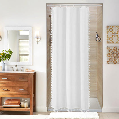 Boho Farmhouse Tassel Linen Shower Curtain,3D Embroidery Stripe Black,72x72