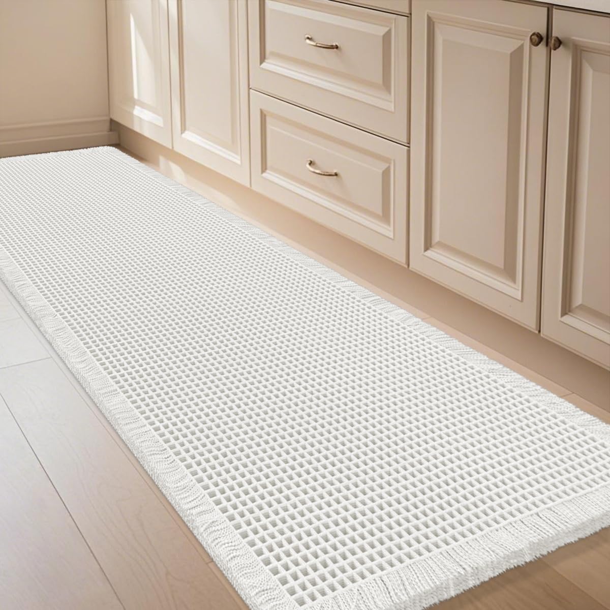IM HOME Waffle Bath Mat Beige 32"x20", Boho Woven Modern Bath Mat Rugs, Absorbent Non Slip Bathroom Rugs, Soft Washable Bath Rugs with Tassels for Bathroom, Bedroom, Kitchen, Shower, Tub