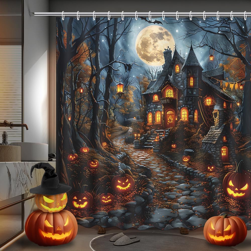 MEHOFOND Halloween Evil Pumpkin Shower Curtain Moon Night Bath Curtain