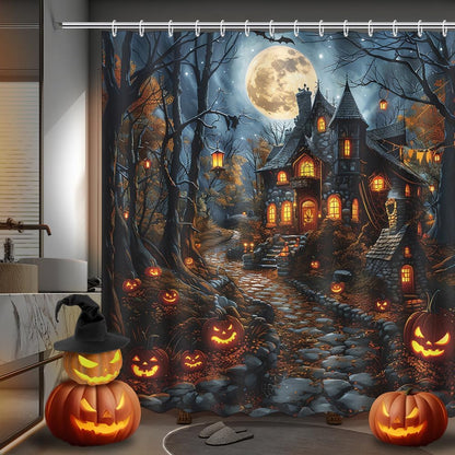 MEHOFOND Halloween Evil Pumpkin Shower Curtain Moon Night Bath Curtain