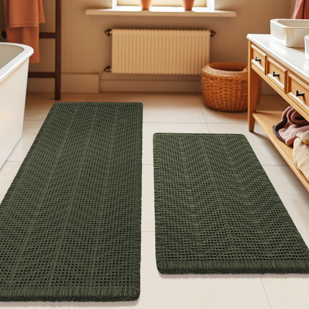 Upgrade Waffle Bath Mat Set 2 Piece, Boho Bathroom Rugs Absorbent Non Slip, Ultra Soft Bathroom Mat, Machine Washable Knit Bath Rugs with Herringbones for Bathroom, Bedroom, Kitchen, Shower, White