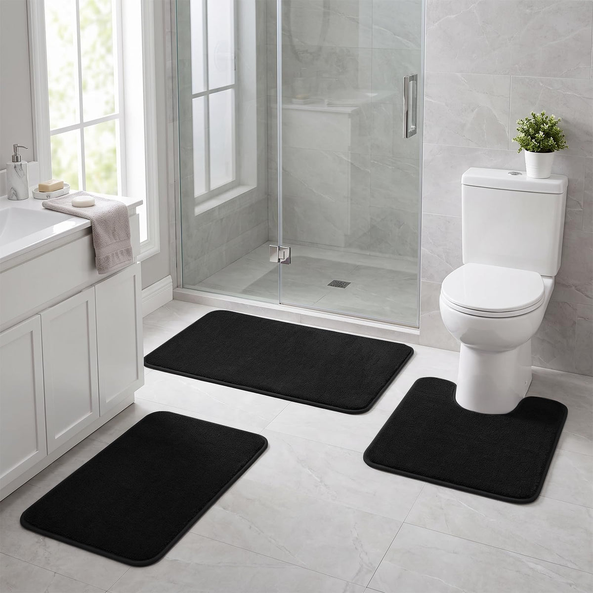 Bathroom Rugs Set 2 Piece Non Slip Soft Absorbent Plush Bath Mats(Black)