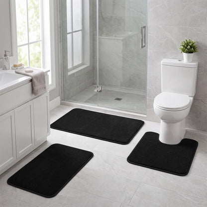 Bathroom Rugs Set 2 Piece Non Slip Soft Absorbent Plush Bath Mats(Black)