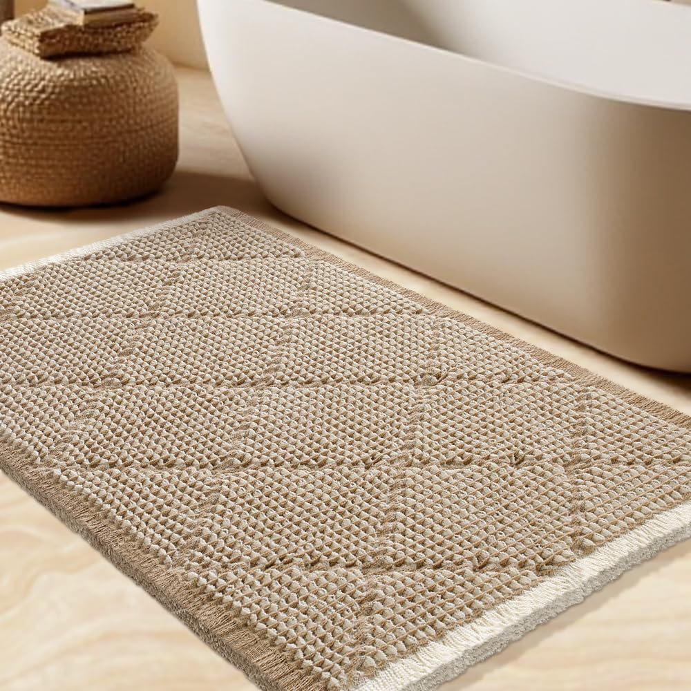 Upgrade Waffle Bath Mat Set 2 Piece, Boho Bathroom Rugs Absorbent Non Slip, Ultra Soft Bathroom Mat, Machine Washable Knit Bath Rugs with Herringbones for Bathroom, Bedroom, Kitchen, Shower, White