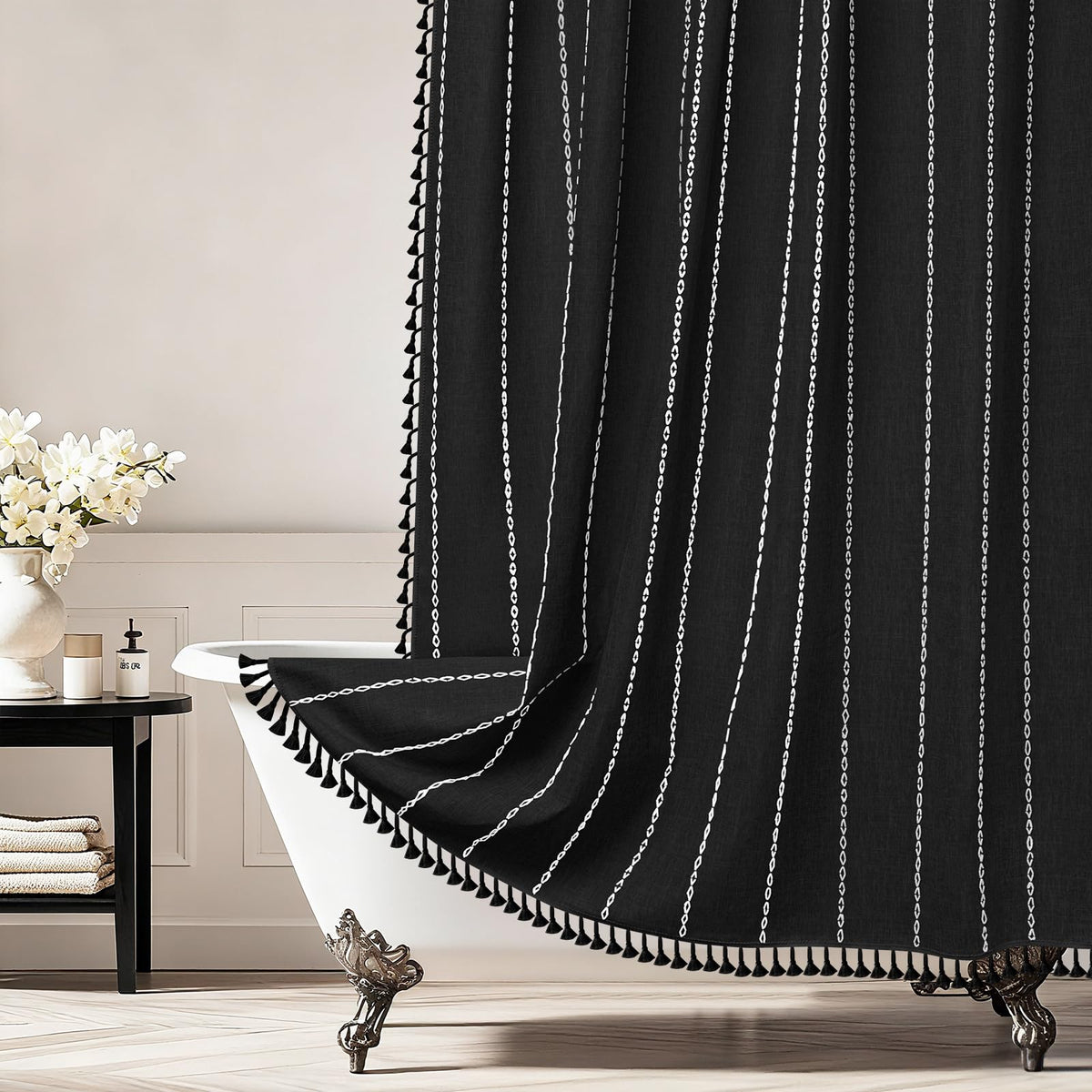 Seenus Boho Farmhouse Linen Shower Curtain with Tassels, Tan Brown Heavyweight Soft Fabric Shower Curtain Striped, 72 x 72 Inch Taupe Water Repellent Rustic Country Bathroom Curtain Wrinkle-Free