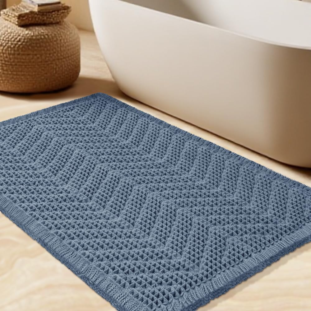 Upgrade Waffle Bath Mat Set 2 Piece, Boho Bathroom Rugs Absorbent Non Slip, Ultra Soft Bathroom Mat, Machine Washable Knit Bath Rugs with Herringbones for Bathroom, Bedroom, Kitchen, Shower, White