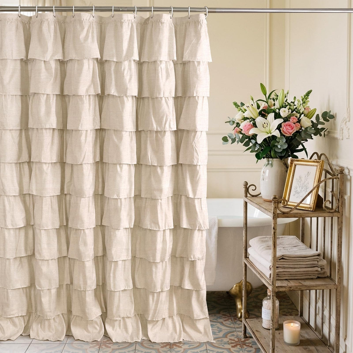 Volens Pink Ruffle Shower Curtain Farmhouse Rustic Fabric Cloth Shower Curtains for Bathroom, 72" x 72"