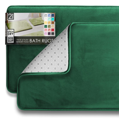 Clara Clark 3 Piece Bathroom Rugs Bath Mat Set, Velvet Memory Foam Bath Mats for Bathroom - Non-Slip, PVC Backing Bath Rugs, Washable - Dries Quickly, Green