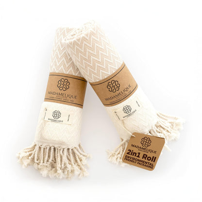Madamelique Exclusive Hand Towels Set of 2-18 x 40 Inches - Decorative Bathroom Peshtemal Towel for Hand, Face, Hair, Yoga, Tea, Dishcloth, Kitchen and Bath - 100% Pure Cotton (Biscuit)