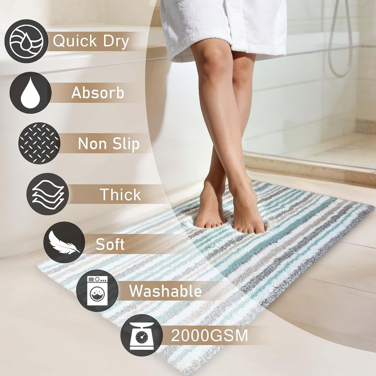 VOOVA & MOVAS Striped Bathroom Rug, 24x17, Microfiber, Aqua Beige Gray