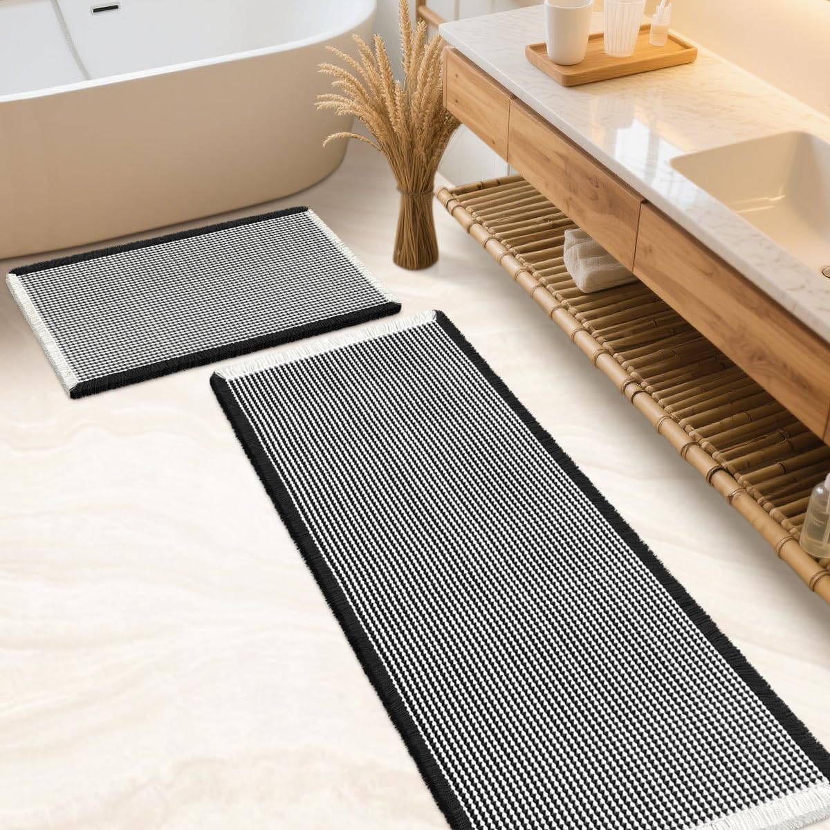 IM HOME Waffle Bath Mat Beige 32"x20", Boho Woven Modern Bath Mat Rugs, Absorbent Non Slip Bathroom Rugs, Soft Washable Bath Rugs with Tassels for Bathroom, Bedroom, Kitchen, Shower, Tub
