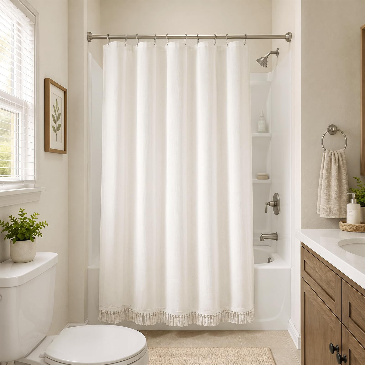 Linen Shower Curtain Boho Beige Shower Curtain with Tassels 72"W x 84"L