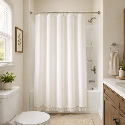 Linen Shower Curtain Boho Beige Shower Curtain with Tassels 72"W x 84"L