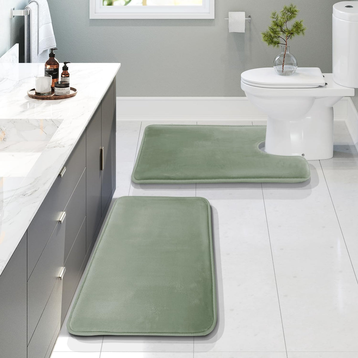 Clara Clark 3 Piece Bathroom Rugs Bath Mat Set, Velvet Memory Foam Bath Mats for Bathroom - Non-Slip, PVC Backing Bath Rugs, Washable - Dries Quickly, Green