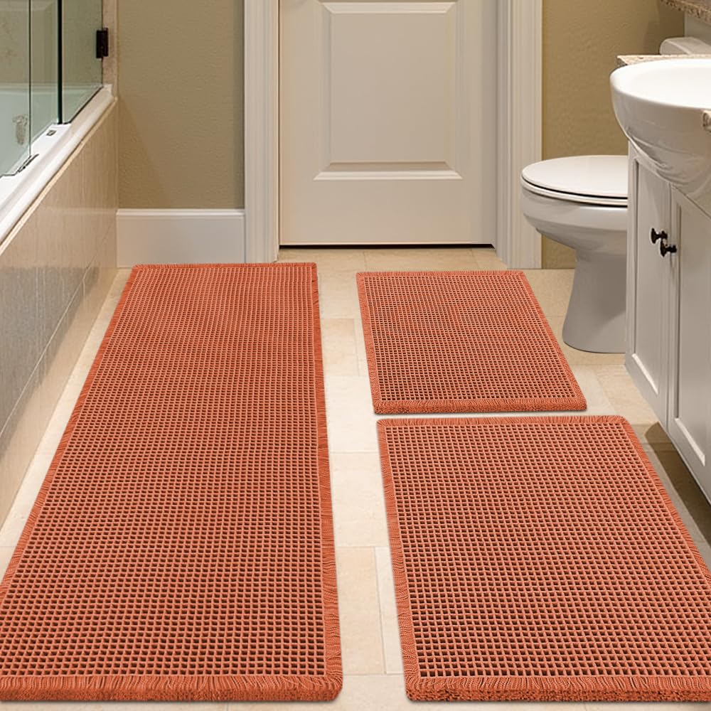 IM HOME Waffle Bath Mat Beige 32"x20", Boho Woven Modern Bath Mat Rugs, Absorbent Non Slip Bathroom Rugs, Soft Washable Bath Rugs with Tassels for Bathroom, Bedroom, Kitchen, Shower, Tub