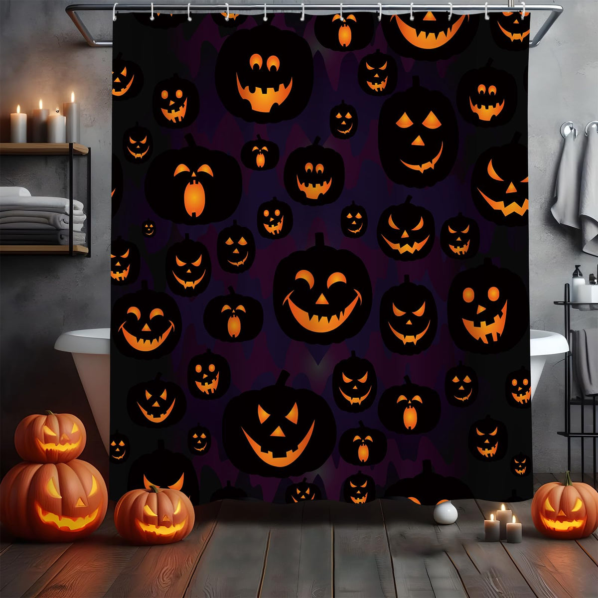 MEHOFOND Halloween Pumpkin Shower Curtain Evil Pumpkin Shower Curtain Black Fall Shower Curtains for Bathroom Decor Washable Durable Fabric Shower Curtains 72x72 inch