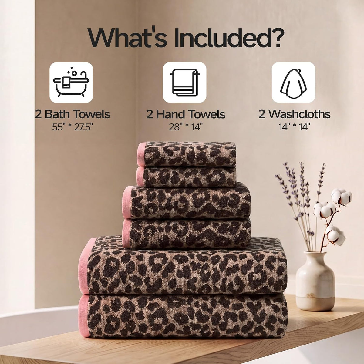 REDKISS Leopard Print Towel Set of 6,100% Cotton Bathroom Towels,Quick Dry & Absorbent,2 Bath Towel, 2 Hand Towel, 2 Washcloth-Dark Brown
