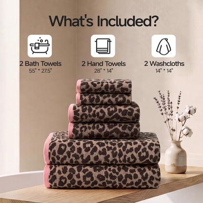 REDKISS Leopard Print Towel Set of 6,100% Cotton Bathroom Towels,Quick Dry & Absorbent,2 Bath Towel, 2 Hand Towel, 2 Washcloth-Dark Brown
