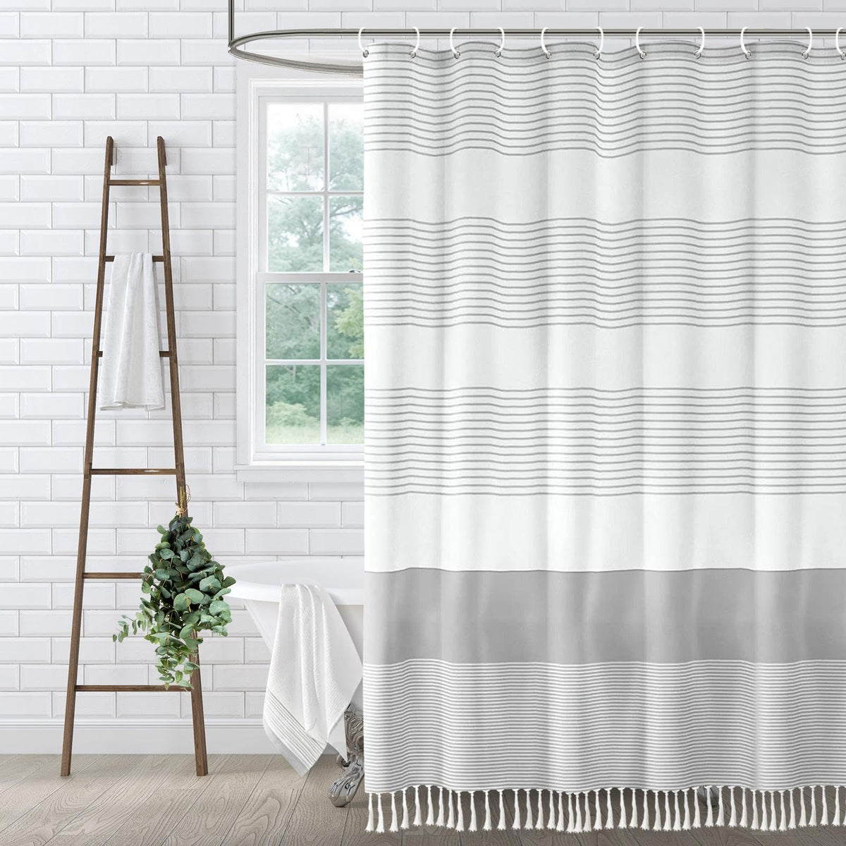 Sage Green Boho Cotton Striped Shower Curtain with Tassel 72"W X 72"L