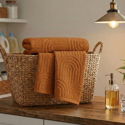 Artoid Mode 2 Pcs Caramel 3D Arched Stripes Jacquard Hand Towels for Bathroom, 100% Cotton Soft Absorbent Bathroom Decor Towels, 13.7 x 29.5 Inch