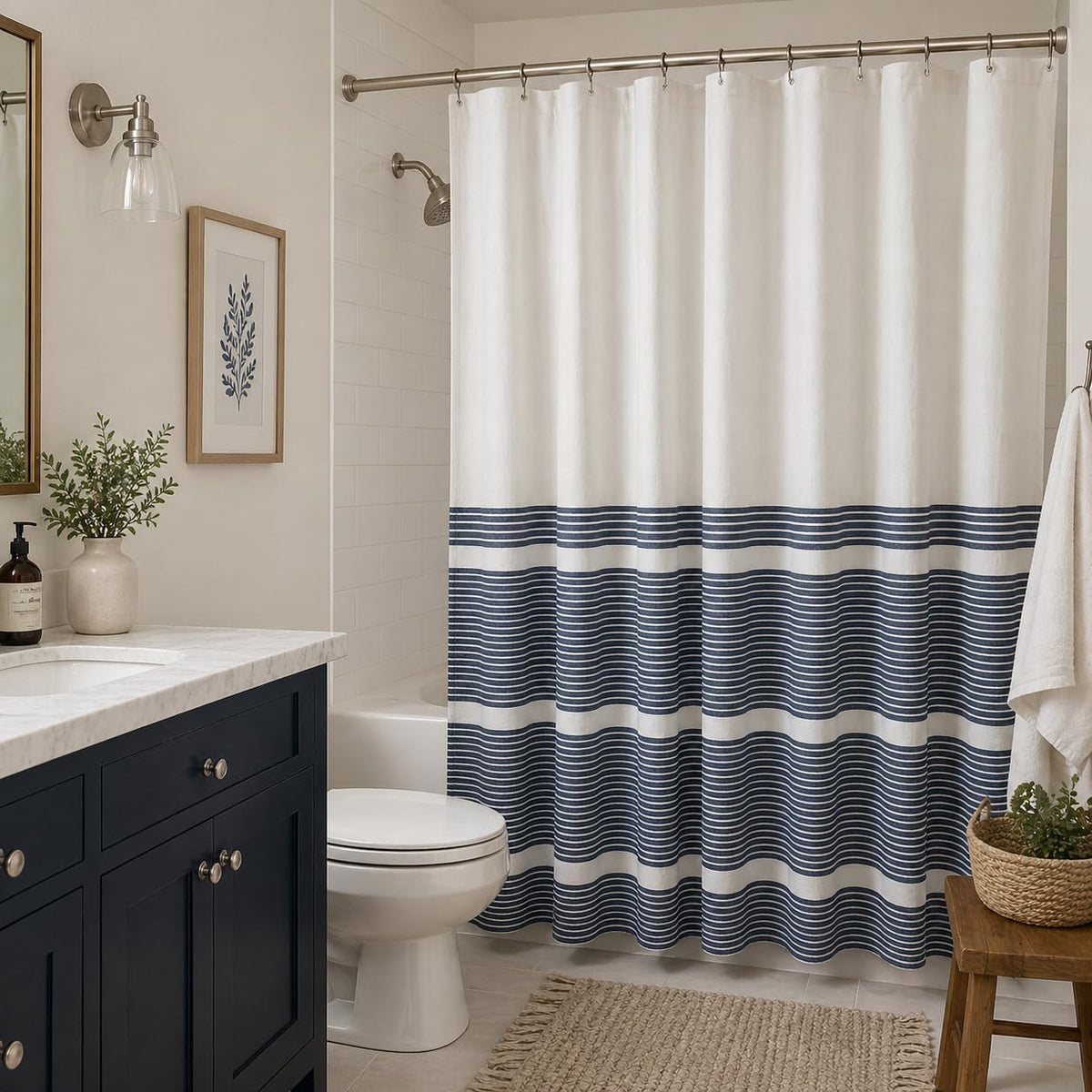 Serafina Home Nautical Striped Blue and White Fabric Shower Curtain: