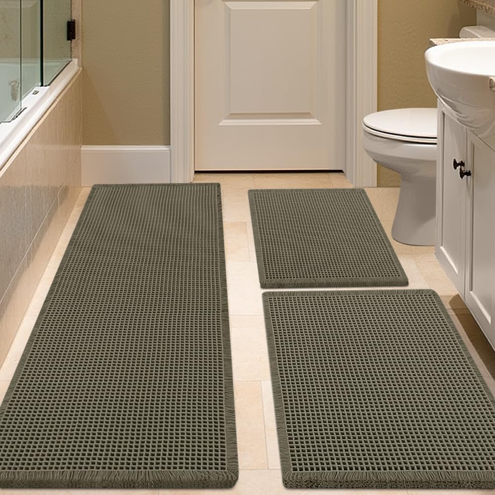 IM HOME Waffle Bath Mat Beige 32"x20", Boho Woven Modern Bath Mat Rugs, Absorbent Non Slip Bathroom Rugs, Soft Washable Bath Rugs with Tassels for Bathroom, Bedroom, Kitchen, Shower, Tub