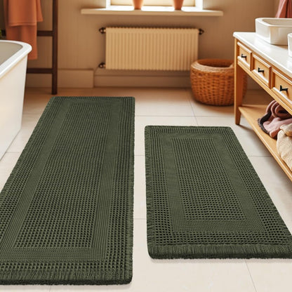 Upgrade Waffle Bath Mat Set 2 Piece, Boho Bathroom Rugs Absorbent Non Slip, Ultra Soft Bathroom Mat, Machine Washable Knit Bath Rugs with Herringbones for Bathroom, Bedroom, Kitchen, Shower, White