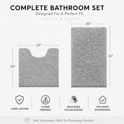 Bathroom Rugs Sets 2 Piece,Super Absorbent Soft,Thick,Machine Washable Chenille Bath Mat,Non Slip Toilet Floor Rug,Bath Mats for Bathroom,20x32 Plus 20x20 U Shape,Light Grey