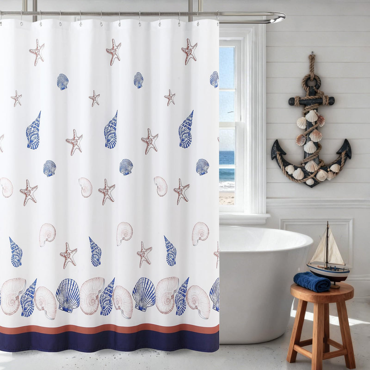 Coastal Seashell Fabric Shower Curtain, Under The Sea Beach Ocean Theme Shower Curtain with Starfish & Coral, Waterproof Blue Nautical Decorative Bathroom Curtains, 72" W x 72" H