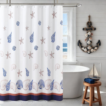 Coastal Seashell Fabric Shower Curtain, Under The Sea Beach Ocean Theme Shower Curtain with Starfish & Coral, Waterproof Blue Nautical Decorative Bathroom Curtains, 72" W x 72" H