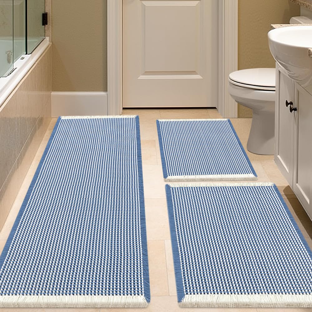 IM HOME Waffle Bath Mat Beige 32"x20", Boho Woven Modern Bath Mat Rugs, Absorbent Non Slip Bathroom Rugs, Soft Washable Bath Rugs with Tassels for Bathroom, Bedroom, Kitchen, Shower, Tub