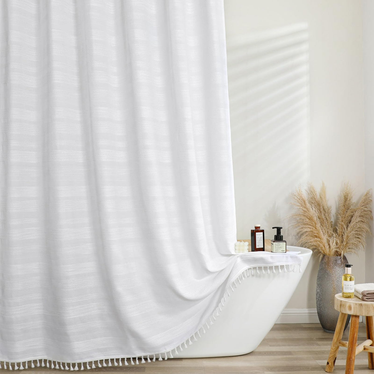 OVZME Sage Green Shower Curtain for Bathroom, Boho Linen Textured Shower Curtain with Tassel, Rustic Striped Heavy Duty Vintage Country Bathroom Curtain, 72Wx72L Inches