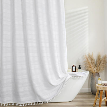 OVZME Sage Green Shower Curtain for Bathroom, Boho Linen Textured Shower Curtain with Tassel, Rustic Striped Heavy Duty Vintage Country Bathroom Curtain, 72Wx72L Inches